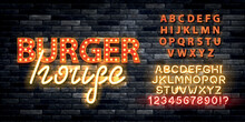 Vector Realistic Isolated Marquee Sign Of Burger House Logo With Easy To Change Color Alphabet Font On The Wall Background.