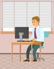 Wall Mural - Office staff, manager work and communication. Office worker at the table. Business employees on their workspace. Co-worker. Businessman or a clerk working at his office workplace flat style