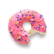 Pink frosted donut with colorful sprinkles with bite missing