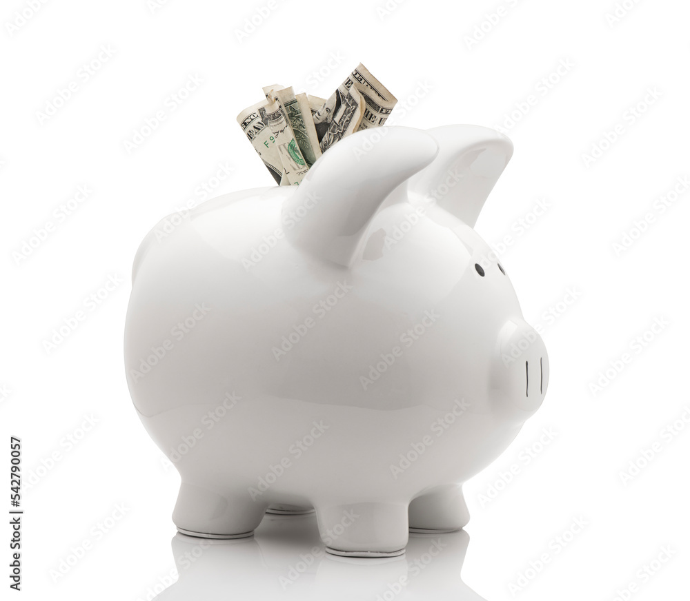 Foto de Stock White piggy bank with money isolated on white background ...