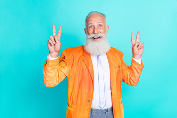 Sticker - Portrait of positive nice granddad two hands demonstrate v-sign isolated on turquoise color background