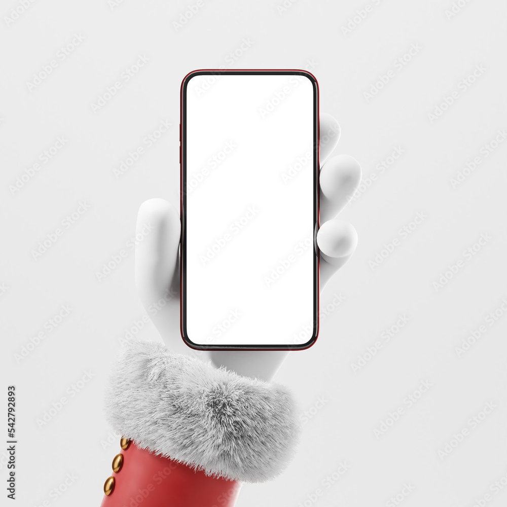 Santa claus hand holding smartphone with blank screen on a white ...