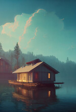 Little House In Lake Landscape, 3D Digital Painting.