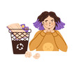 © Anastasia - Loss of motivation, interest in hobbies and pleasure, symptom of depression. Young woman, sad unhappy teenager, throwing book and gamepad in trash can. Hand drawn vector character illustration.