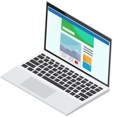Wall Mural - computer web design on screen cartoon 3d style vector illustration of opened laptop with user interf
