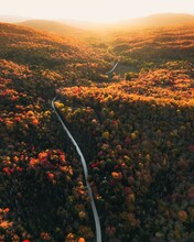Aerial View Of A Long Road Along An Autumn Forest.
