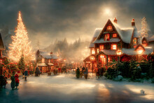 Christmas Village With Snow In Vintage Style. Winter Village Landscape. Christmas Holidays. Christmas Card. 3d Illustration
