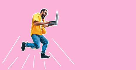 Jumping, running crazy programmer, web developer or designer holding laptop in his hands. Discount, sale, season sales. Shocked or surprised facial expression. Funny promotion poster.