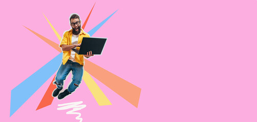 Jumping, running crazy programmer, web developer or designer holding laptop in his hands. Discount, sale, season sales. Shocked or surprised facial expression. Funny promotion poster.