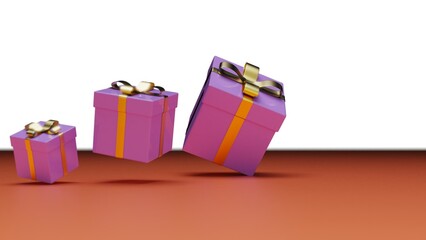 Wall Mural - Pure purple closed gift boxes with gold ribbon on orange background. 3D illustration. 3D CG. 3D high quality rendering.