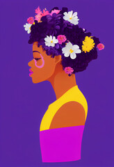 Wall Mural - Abstract floral women portraits. International Women's Day. Minimalistic style with beautiful, confident black woman and bouquets. Perfect for interior design, page decoration, web and other.