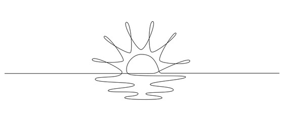 Aufkleber - One continuous line drawing of sunny ocean view. Hot temperature and summer sea travel symbol in simple linear style. Solar green energy concept in editable stroke. Doodle vector illustration