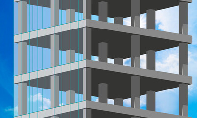 example summary of a building under construction with pillars in 3D graphics, section of the building as a 