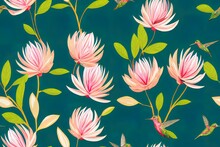 Seamless Pattern With Hummingbirds, Protea And Tropical Flowers. Trendy 2d Illustrated Print