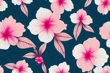 Pink Hibiscus Flower With Hawaiian Tribal Motifs Background Abstract 2d Illustrated Seamless Pattern