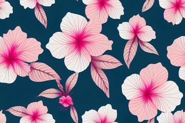 Pink hibiscus flower with Hawaiian tribal motifs background abstract 2d illustrated seamless pattern