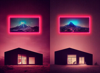 Wall Mural - Neon light illustration composition,red house in the night, picture in the sky, collection, variation