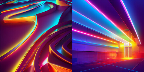 Wall Mural - Neon lights abstract background with lines, magic collection