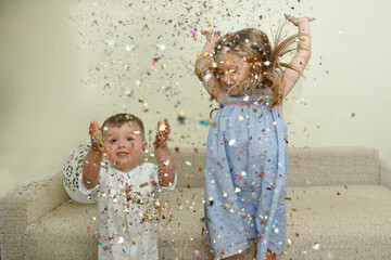 Confetti colorful rain on a birthday celebration