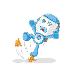 Sticker - humanoid robot slipped on banana. cartoon mascot vector