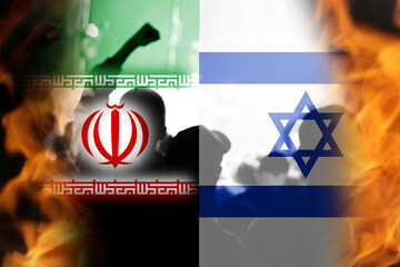 Defocus Israel Iran national flags. Protests man. News, reportage, business background. Israel vs Iran. Battle of two countries. Fire flame. Out of focus