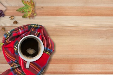 Canvas Print - Autumn leaves and coffee cup with scarf