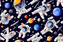 Astronaut Seamless Pattern. Universe Kids Baby Boy Girl Elephant, Fox Cat And Bunny, Space Suit, Cosmonaut Stars, Planet, Moon, Rocket And Shuttle Watercolor Space Ship Background.