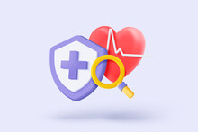 3d Red Heart With Pulse Line With Magnifier And Plus Icon. Heartbeat Or Cardiogram, Pulse Beat Measure, Cardiac Assistance, Medical First Aid And Health Care. 3d Aid Vector Icon Render Illustration