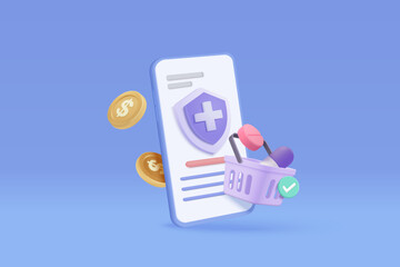 Wall Mural - 3d online pharmacy with first aid kit and medical equipment. Medicine ordering mobile phone and payment with money concept of healthcare. 3d drug store and e-commerce icon vector render illustration