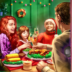 portrait illustration of a family having dinner together on christmas eve 