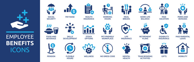 Employee benefits icon set. Containing social security, pay raise, health and life insurance, paid vacation, bonus and more icons. Solid icon collection.