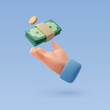 3d human hand receive coin and notes money, earnings income and finance concept.