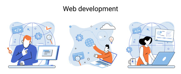 Web development metaphor, coding and programming responsive layout internet site or app of devices. Creation digital Software mobile, desktop platforms. Computer code, tablet, phone, digital business
