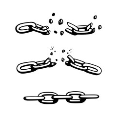 Wall Mural - broken chain with shatters as symbol of strength and freedom. sketch of metal chains. vector illustr