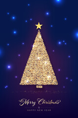 Wall Mural - abstract golden christmas tree with star and lights on blue background