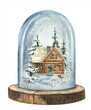 Watercolor New Year's illustration of a snow globe in which there is a wooden house and Christmas trees in the snow