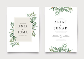 Wall Mural - Wedding invitation template set with green leaves and yellow flowers decoration