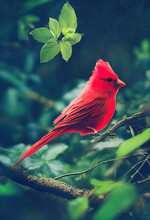  A Red Bird Sitting On A Branch In A Forest With Leaves On The Ground And A Blurry Background.
