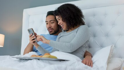 Sticker - Smartphone, laugh and couple in bed to relax and watch a video on social media or the internet. Happy, technology and young man and woman looking at funny picture or meme on cellphone in the bedroom.