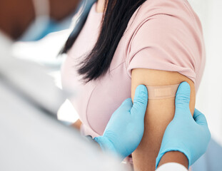 Poster - Covid, vaccine and bandaid with hands of doctor and woman arm for medicine, medical and consulting. Wellness, first aid and healthcare with nurse and patient for virus, flu and treatment injection