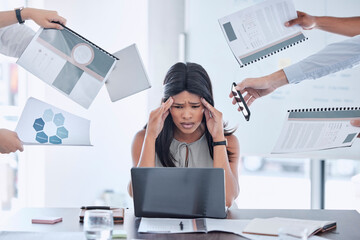 Poster - Stress, hands and business woman with headache from multitasking, workload and work pressure in office. Anxiety, hand and black woman suffering with burnout, chaos and deadline at corporate job