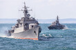 Military navy ships in sea war battle.