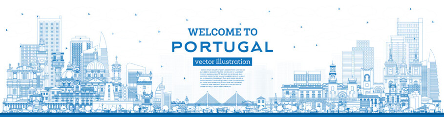 Fototapete - Welcome to Portugal. Outline City Skyline with Blue Buildings.