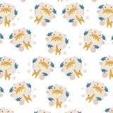 Fototapeta Dinusie - Seamless pattern with cute cartoon animals perfect for kids clothes design and decoration