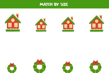 Wall Mural - Matching game for preschool kids. Match winter houses and wreaths by size.