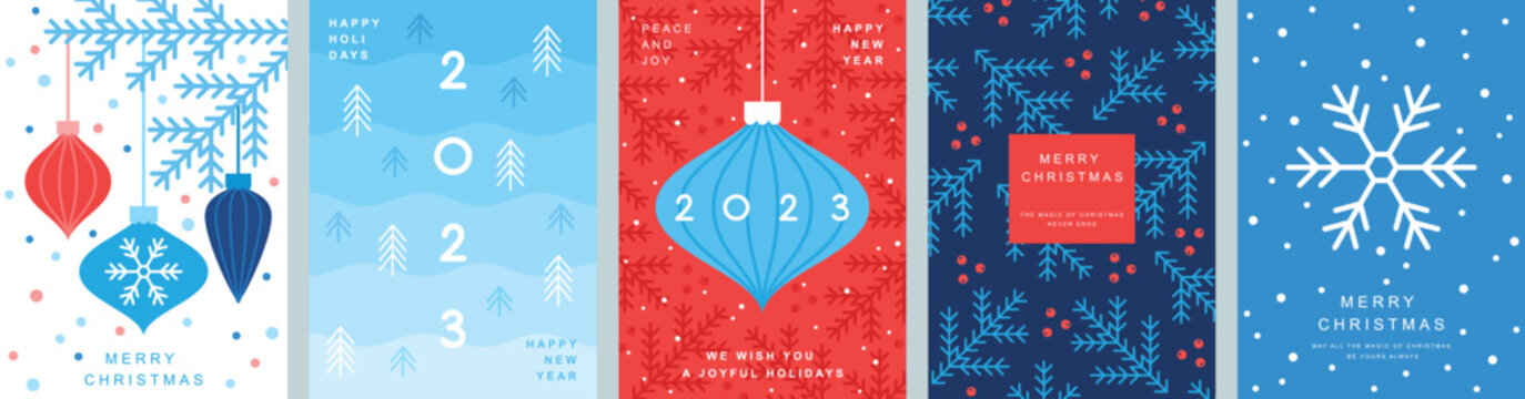 Fototapete - Christmas card set - abstract Holidays flyers. Lettering with Christmas and New Year decorative elements.