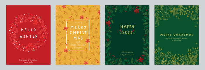 Wall Mural - Christmas card set - hand drawn floral flyers. Lettering with christmas decorative elements.