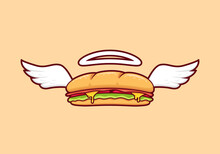 submarine bread baguette sandwich with wing flying, angel baguette sandwich with wing bread illustration