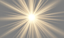 Bright Sun Flare. Sun On A Transparent Background. Bright Sunshine. Vector Illustration. Realistic Shine On A Png Background.