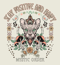 Stay Positive And Happy.Mystic Order.Mystery Slogan With Mystical Snake Illustration For T-shirt Prints And Other Uses. Mystical(sun,snake) Illustrations.